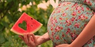 in the hand of a pregnant woman slices of watermelon